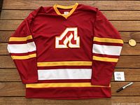 Full front view of red Atlanta Flames jersey on wooden surface with marker and lot tag