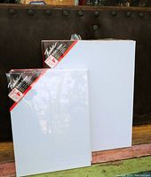 Two artist canvases of different sizes, one larger 16x20 inch canvas and one smaller 12x16 inch canvas in shrinkwrap with Fredrix brand label attached.