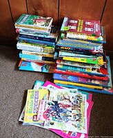 Two large stacks of assorted books and comics of various sizes and colors on carpeted floor against wooden wall.