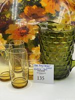 Photo showing Hardy Glenwood FAB floral serving tray with avocado green optic glass pitcher and amber glassware set on it
