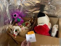 Photo of assorted stuffed animals including Barney, Snoopy, Winnie the Pooh, baby doll and others in cardboard boxes.