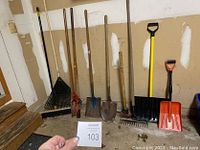 Assorted yard tools including black plastic leaf rake, various shovels with wooden handles, garden hoe, metal rake, and two snow shovels (yellow and orange plastic) arranged leaning against wall in garage.