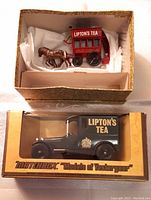 Top view of boxed horse-drawn bus with horses and boxed Talbot Van Matchbox model