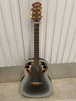 Full front view showing body shape, finish, bridge and rosette design