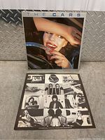 Front and back cover of first Cars vinyl record, showing smiling person close-up and black and white photo collage.