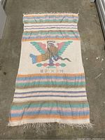 Full view of vintage wool blanket showing eagle and stripes.