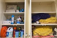 Photo of a cabinet with multiple shelves containing a boxed Rowenta iron, assorted cleaning sprays, liquids, bleach, detergent bottles, and microfiber dusting cloths and mats in purple and yellow.