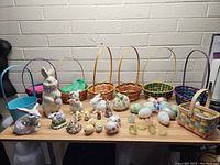 Overview of all Easter-themed items on table including bunnies, lamb, chicks, decorative eggs, and six Easter baskets behind them.