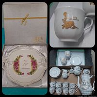 Collage showing the 50th anniversary decorative plate in box, two 50th anniversary mugs with gold rose design, and a large set of 25th anniversary ceramic cups and pot set.