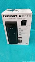 Front view of Cuisinart T Series touchscreen burr grinder box showing product image and branding.
