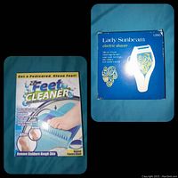 Photo showing the packaging of the Lady Sunbeam electric shaver (model LS60) and the Feet Cleaner foot care device with natural pumice stone.