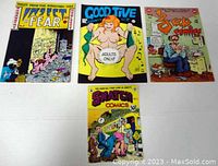 Four comics laid flat showing front covers of Zap #8, Good Jive #2, Insect Fear #3, and Snatch #3, showcasing colorful counterculture and adult-themed illustrations.