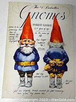 Front and back illustrations of a forest gnome in traditional clothing with notes on physical characteristics and attire
