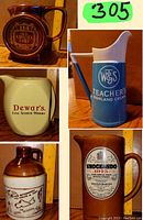Five vintage whiskey steins and pitchers shown together with distinct branded labels representing various whisky brands.