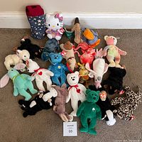 Full collection of 19 Ty Beanie Babies plush toys, Hello Kitty plush, and star-spangled wine tote arranged on carpet in front of a wall.
