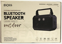 Box front showing brand, product type, and features like waterproof, drop proof, and life proof with a photo of the speaker and handle.