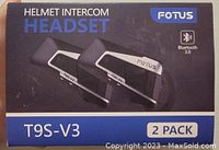 Photo shows box of Fotus T9S-V3 Helmet Intercom Headset 2 pack with Bluetooth 3.0 branding and product image