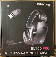 Front of packaging showing Gikking BL100 PRO wireless gaming headset and USB wireless transmitter dongle.