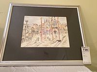 Full view of framed watercolor painting showing architectural cityscape with multiple buildings and columns, signed C.Fall 1981.