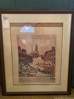 Framed art print showing a historic confrontation between British soldiers and civilians. Print is sized approximately 31x26 inches with matt and frame.