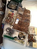 Wide view of acrylic trays displaying assorted necklaces, bracelets, rings and a charm