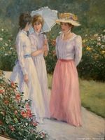 Close-up of painting showing three women in period dresses in a garden setting