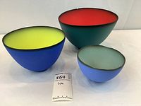 Three RM Thumbprint bowls displayed together showing their different sizes and interior colors, with a tag indicating 3 pieces.