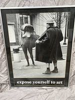 Full view of framed vintage print showing man exposing himself to a nude statue with caption 'expose yourself to art'