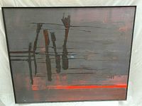 Full front view of painting in thin black metal frame showing abstract composition with dark grays, black strokes and red line