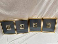 Group of four framed early-Victorian 'Scenes of London' engravings in matching gold-tone frames with dark blue mats.