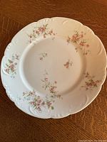 Photo of a single white porcelain plate with embossed rim and floral pattern in pink and green.