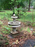 Full view of two-tier fountain planter showing base, column, lower and upper basins topped with finial