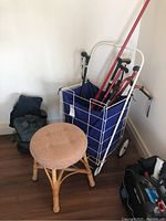 Photo of blue fabric travel cart containing walking sticks and canes, with wicker stool in front and bags near it