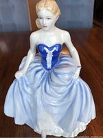Front and side views of the Royal Doulton Susan figurine showing seated woman in blue and white dress with fine detail and glossy finish.