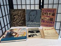 Six art books shown together on a grid backdrop, titles include Matisse as a Draughtsman, A Life of Picasso, Matisse and Picasso by Francoise Gilot, Willem de Kooning, Picasso on Art, and Picasso by Roland Penrose.