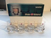 Full view of set of four IITTALA Marski glasses with original branded box in background.