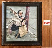 Framed oil painting showing an elderly woman seated beside a dock, holding a paper bag and walking stick, signed 'Miles'.