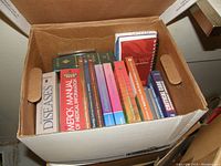 Box containing medical reference books including 'Merck Manual of Medical Information' and clinical care guides.