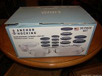 Closed box showing product image and branding for Anchor Hocking 30-piece glass bakeware, storage, and prep set