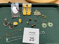 Full view of the costume jewelry lot including multiple earrings, brooches, and two necklaces.