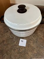 Outer view of white metal cooker with black knob lid on counter.