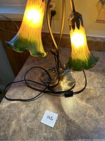 Two-shade lamp illuminated, showing overall design