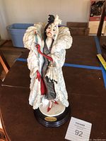 Full front view of Cruella De Vil figurine on black oval base