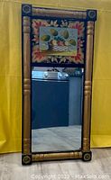 Full view of the Federal style reverse painted pier mirror with gold wood frame and visible painted fruit bowl design on the upper panel.