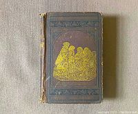 Front view of brown cloth hardcover book titled 'The Mirror: Womanhood'. Shows gilt embossed image on cover with some wear, spine beginning to separate and cloth boards faded and worn at edges.