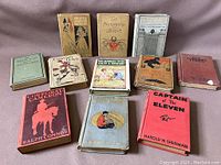 Overview shot showing the collection of 12 vintage adventure books including various titles and distinct covers