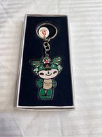 Front of colorful enamel keychain featuring the Beijing 2008 Olympics mascot inside original foam inset box.