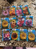 Front view of 12 assorted flower seed packets by Burpee with colorful flower images