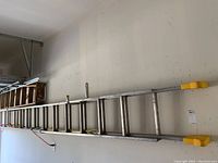 Full view of aluminum extension ladder showing length and yellow protective feet