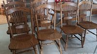 Eight oak chairs arranged in two rows showing overall set of six side chairs and two armchairs